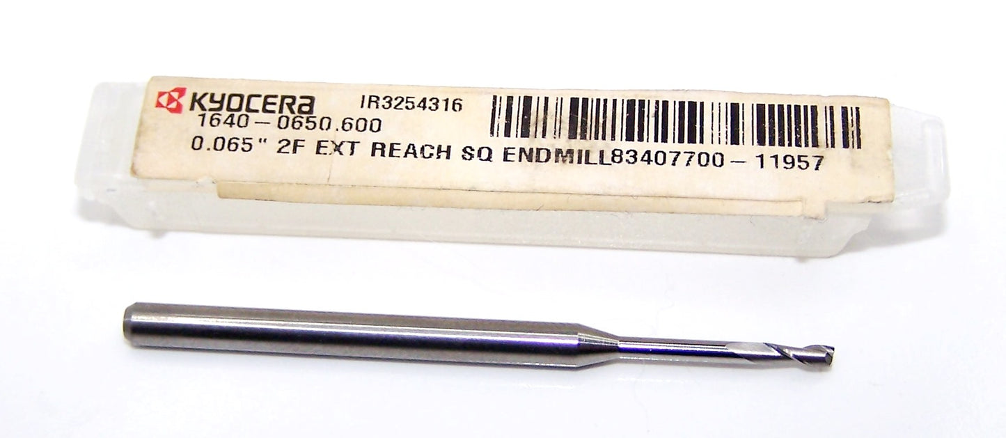 1640-0650.600 Kyocera .0650" Carbide 2 Flute End Mill .00" Extended Reach .0650" Diameter .195" Flute 2.00" Length .125" Shank