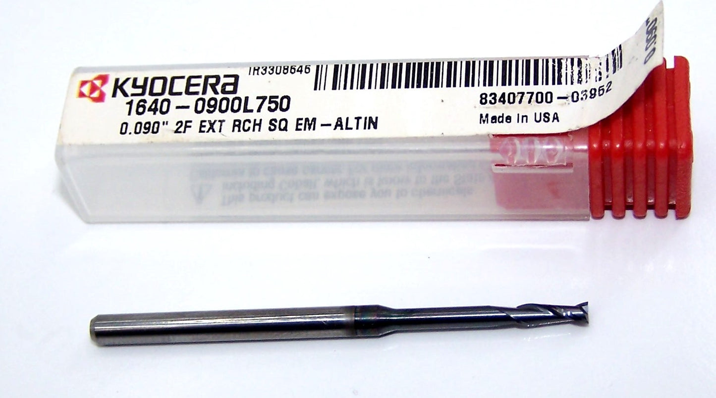 1640-0900L750 Kyocera .0900" Carbide 2 Flute End Mill Extended Reach SQ AlTiN Coated  .0900" Diameter .270" Flute 2.00" Length .125" Shank .750" Reach