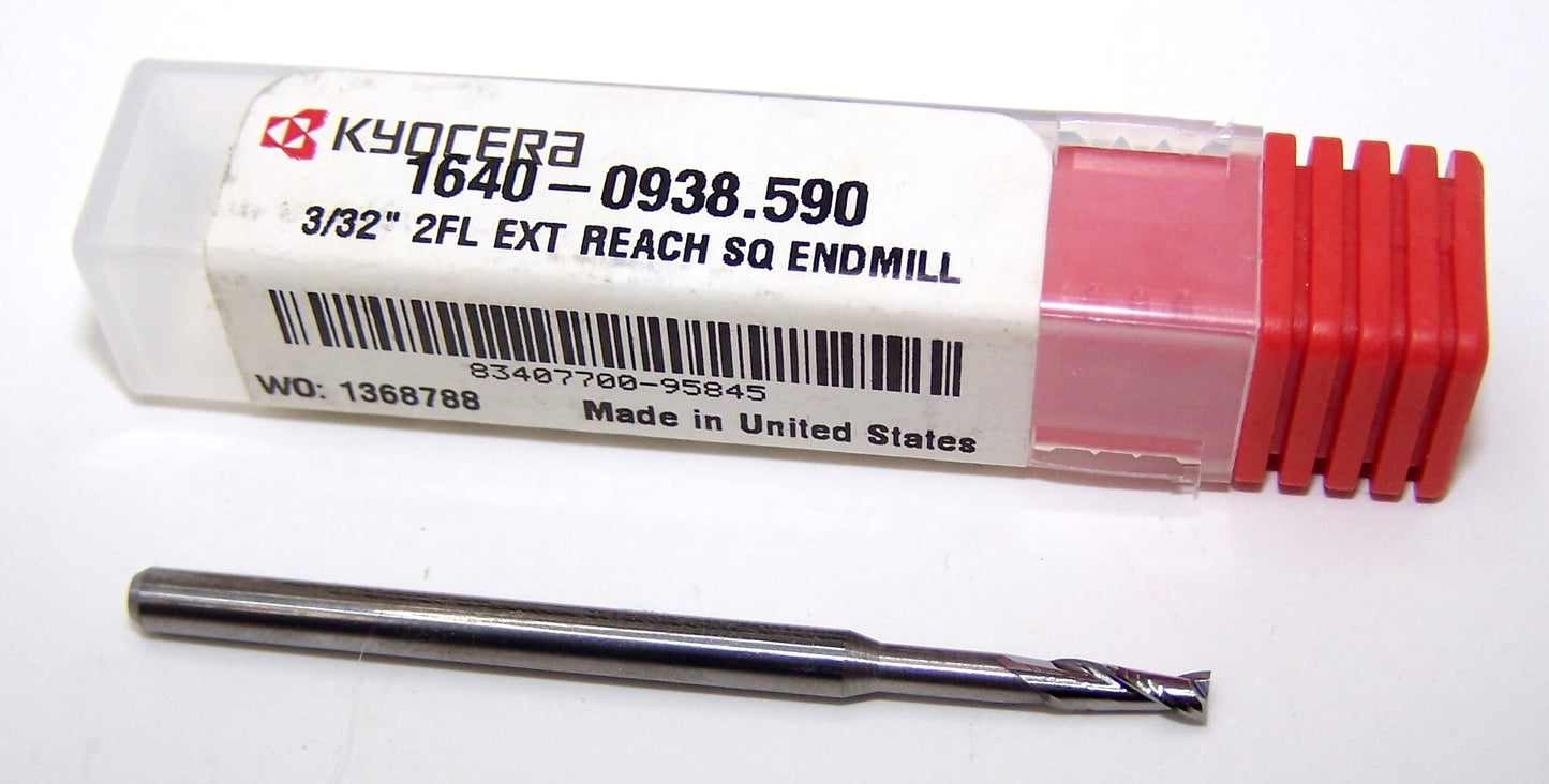 1640-0938.590 Kyocera 3/32" Carbide 2 Flute End Mill Extended Reach SQ .0938" Diameter .281" Flute 2.00" Length .125" Shank .590" Reach