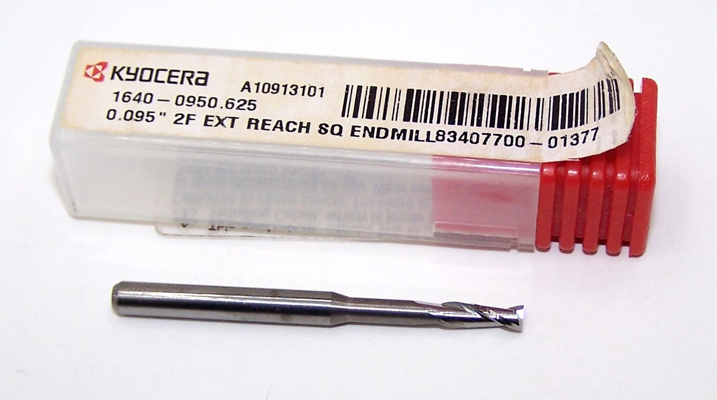 1640-0950.625 Kyocera .0950" Carbide 2 Flute End Mill Extended Reach SQ .0950" Diameter .285" Flute 1.50" Length .125" Shank .625" Reach