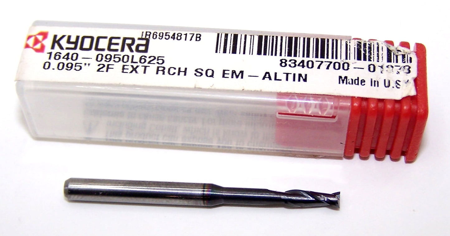 1640-0950L625 Kyocera .0950" Carbide 2 Flute End Mill Extended Reach SQ AlTiN Coated .0950" Diameter .285" Flute 1.50" Length .125" Shank .625" Reach