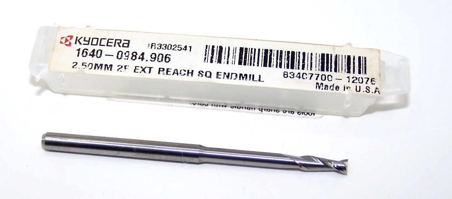 1640-0984.906 Kyocera 2.50mm Carbide 2 Flute End Mill Extended Reach SQ .0984" Diameter .295" Flute 2.00" Length .118" Shank .906" Reach