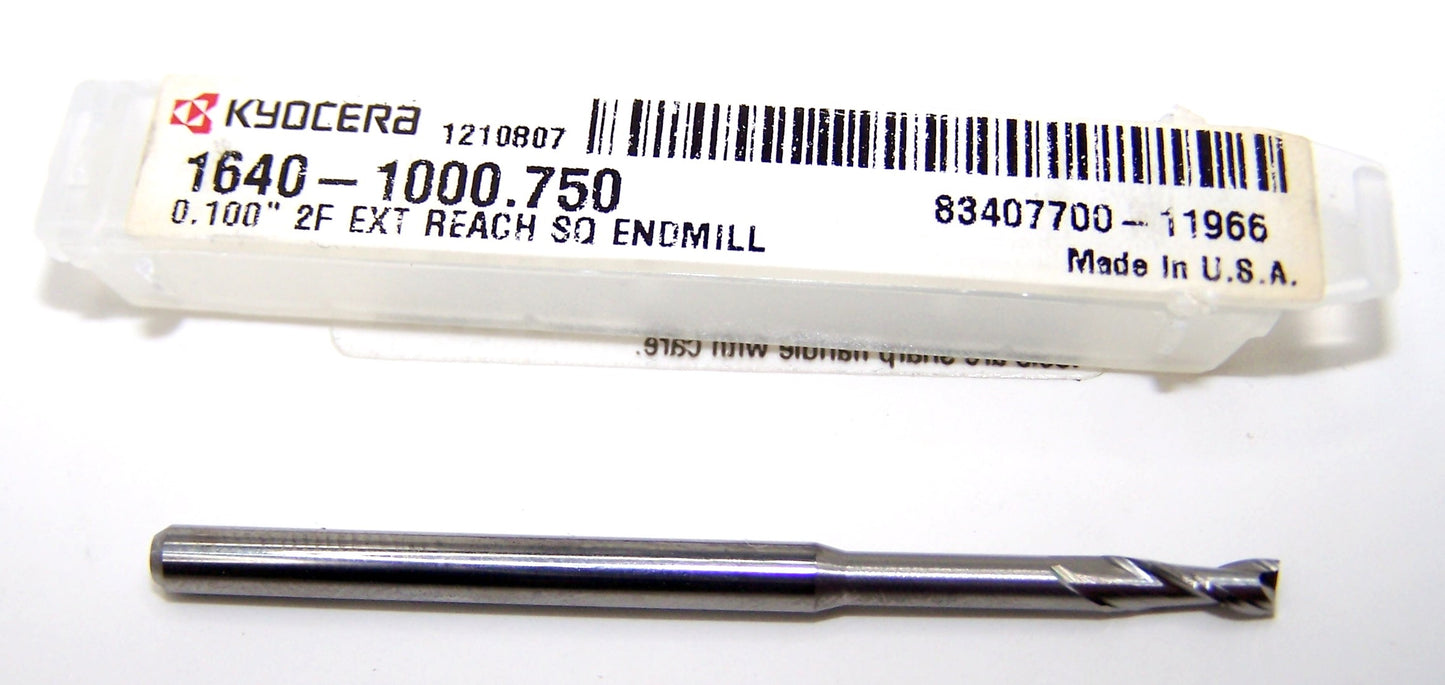 1640-1000.750 Kyocera .1000" Carbide 2 Flute End Mill Extended Reach SQ .1000" Diameter .300" Flute 2.00" Length .125" Shank .750" Reach