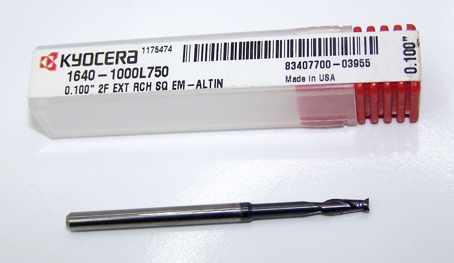 1640-1000L750 Kyocera .1000" Carbide 2 Flute End Mill Extended Reach SQ AlTiN Coated  .1000" Diameter .300" Flute 2.00" Length .125" Shank .750" Reach