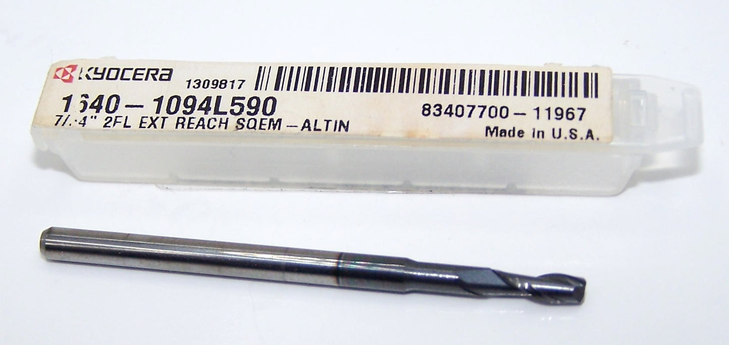 1640-1094L590 Kyocera 7/64" Carbide 2 Flute End Mill Extended Reach SQ AlTiN Coated  .1094" Diameter .328" Flute 2.00" Length .125" Shank .590" Reach