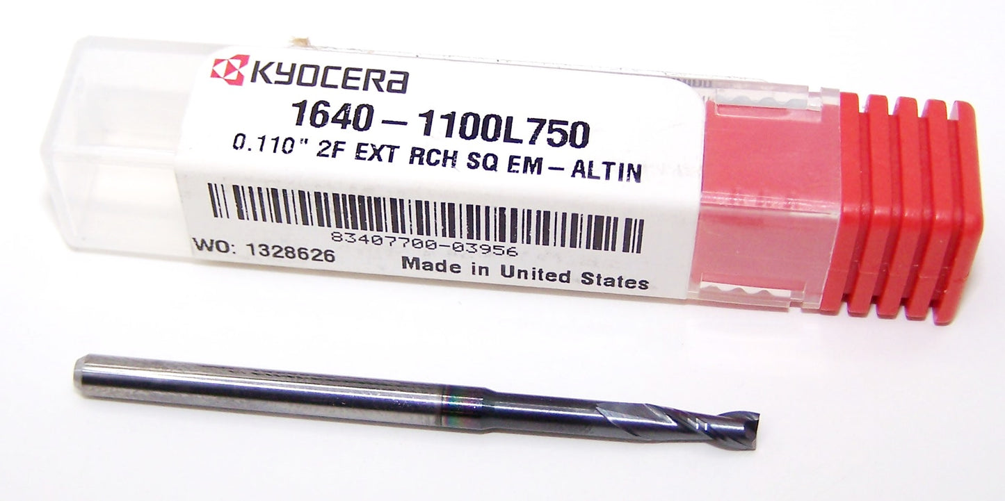 1640-1100L750 Kyocera .1100" Carbide 2 Flute End Mill Extended Reach SQ AlTiN .1100" Diameter .330" Flute 2.00" Length .125" Shank .750" Reach