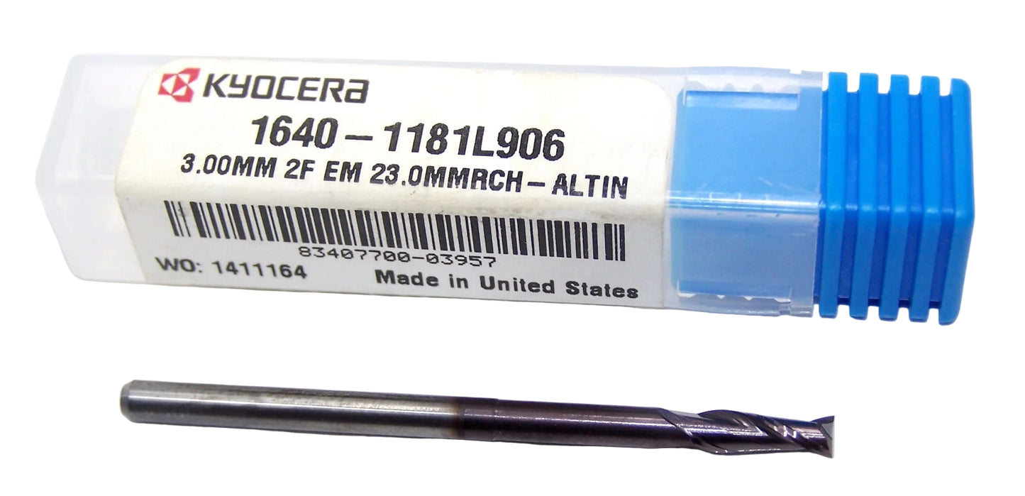 1640-1181L906 Kyocera 3.00mm Carbide 2 Flute End Mill .906" Extended Reach ALTiN Coated 0.1181" Diameter 0.354" Flute 2.00" Length 0.1181" Shank