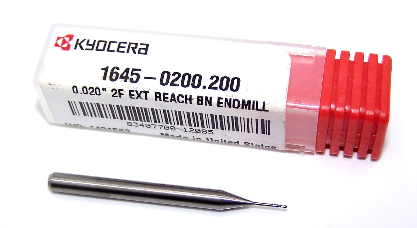 1645-0200.200 Kyocera #76 Carbide 2 Flute End Mill Extend Reach Ball End .0200" Diameter .060" Flute 1.50" Length .125" Shank .200" Reach