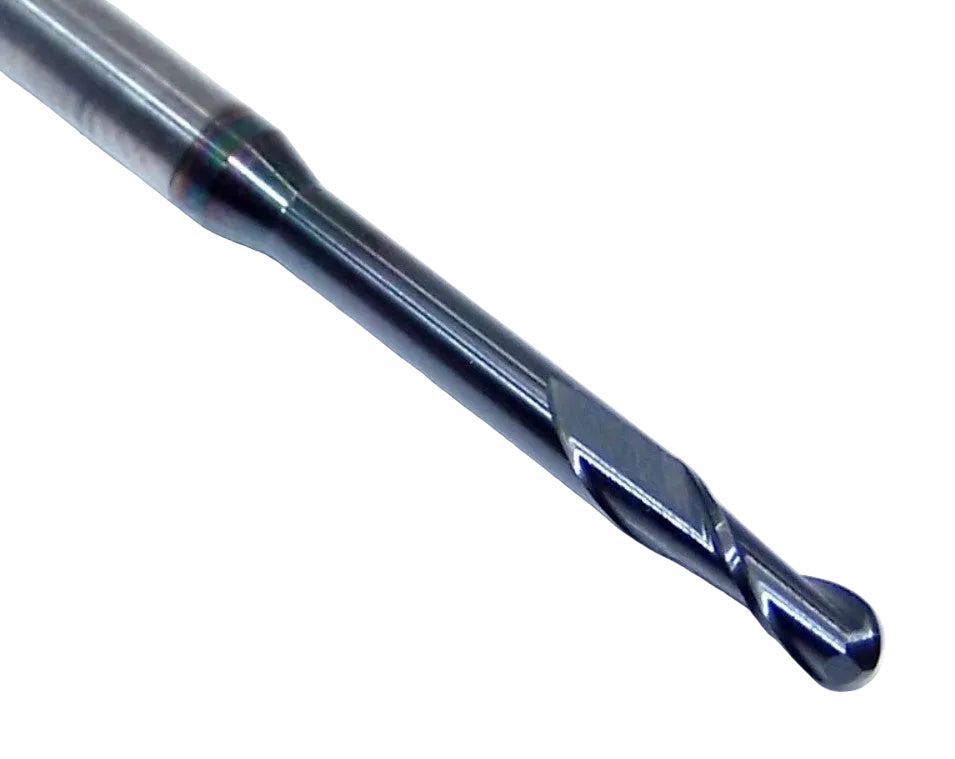 1645-0900L750 Kyocera 0.0900" Carbide 2 Flute End Mill .750" Extended Reach Ball End ALTiN Coated 0.0900" Diameter 0.270" Flute 1.5" Length 0.125" Shank