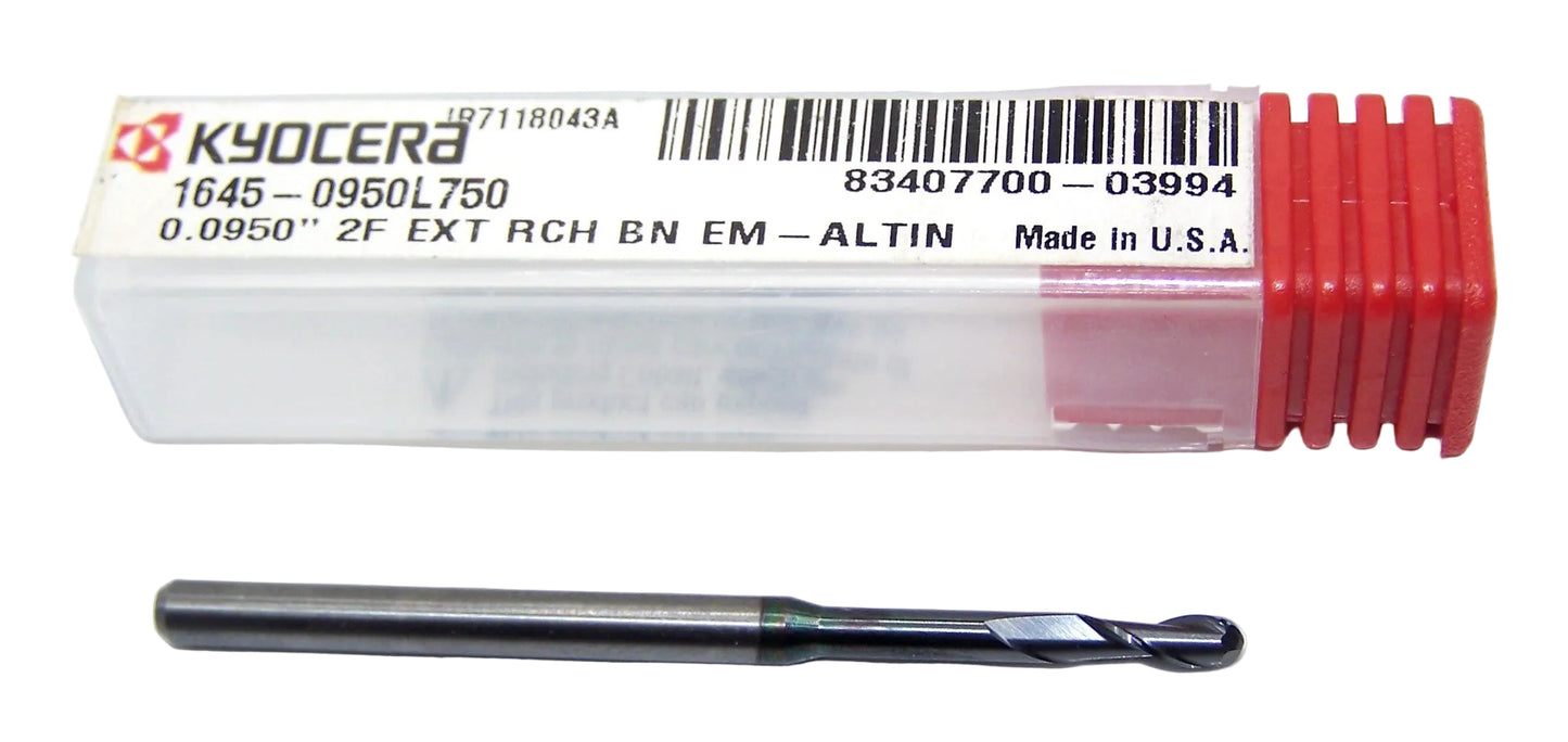 1645-0950L750 Kyocera 0.0950" Carbide 2 Flute End Mill Extended Reach Ball End ALTiN Coated 0.0950" Diameter 0.750" Flute 2" Length 0.125" Shank