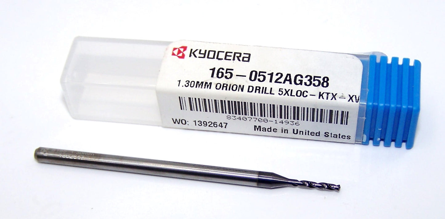 165-0512AG358 Kyocera 1.30mm Carbide 2 Flute Drill High Performance .0512" Diameter .358" Flute 2.36" Length .118" Shank Coated