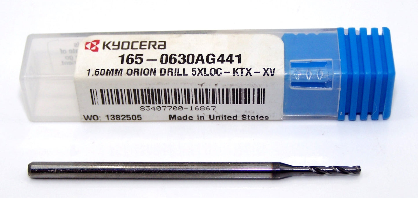 165-0630AG441 Kyocera 1.60mm Carbide 2 Flute Drill High Performance .0630" Diameter .441" Flute 1.97" Length .118" Shank Coated