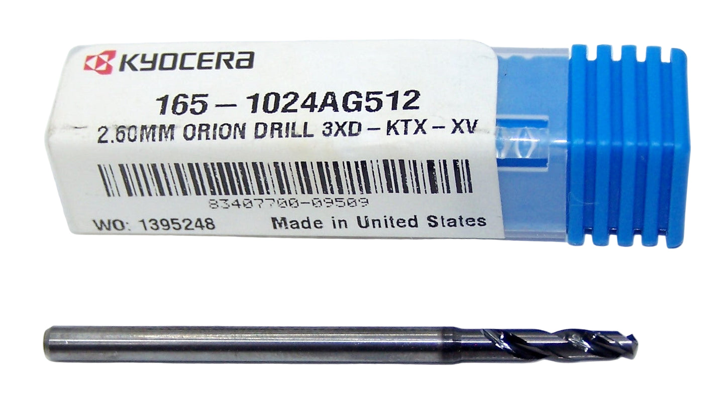 165-1024AG512 Kyocera 2.60mm Carbide 2 Flute Drill High Performance .1024" Diameter .512" Flute 1.97" Length .118" Shank 142° Point Coated