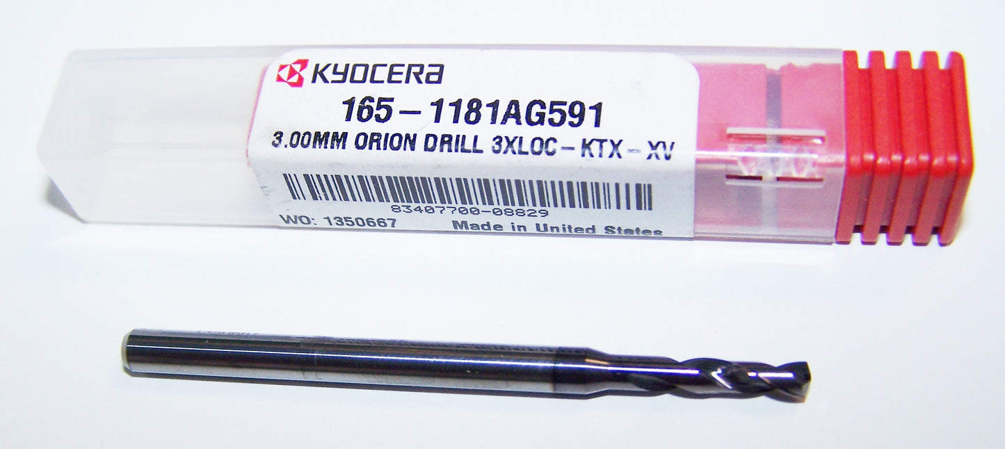 165-1181AG591 Kyocera 3.00mm Carbide 2F Drill High Performance .1181" Diameter .591" Flute 2.36" Length .157" Shank Coated