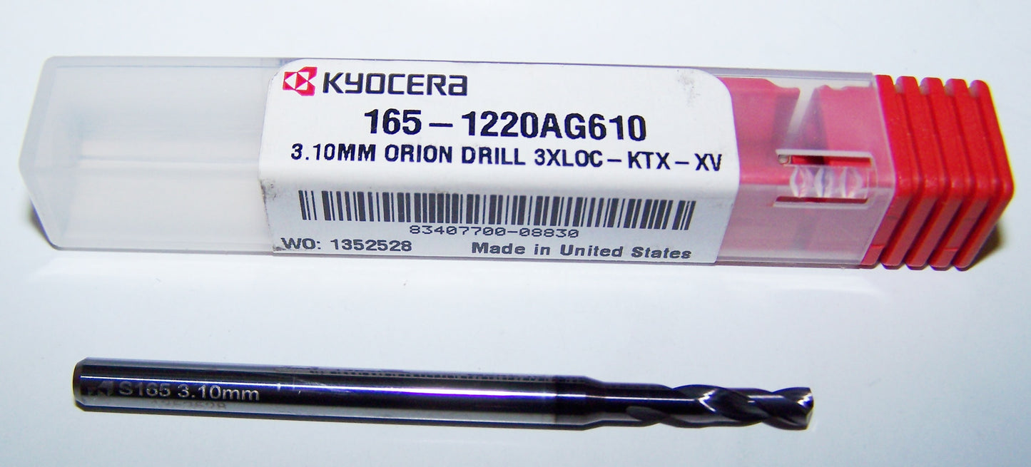 165-1220AG610 Kyocera 3.10mm Carbide 2F Drill High Performance .1220" Diameter .610" Flute 2.36" Length .157" Shank Coated