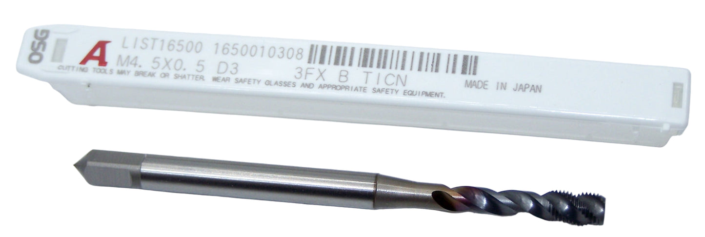 1650010308 OSG M4.5 x 0.5 Bottom Cut Tap 3 Flute D3 1.5P V Coated A-TAP for all materials
