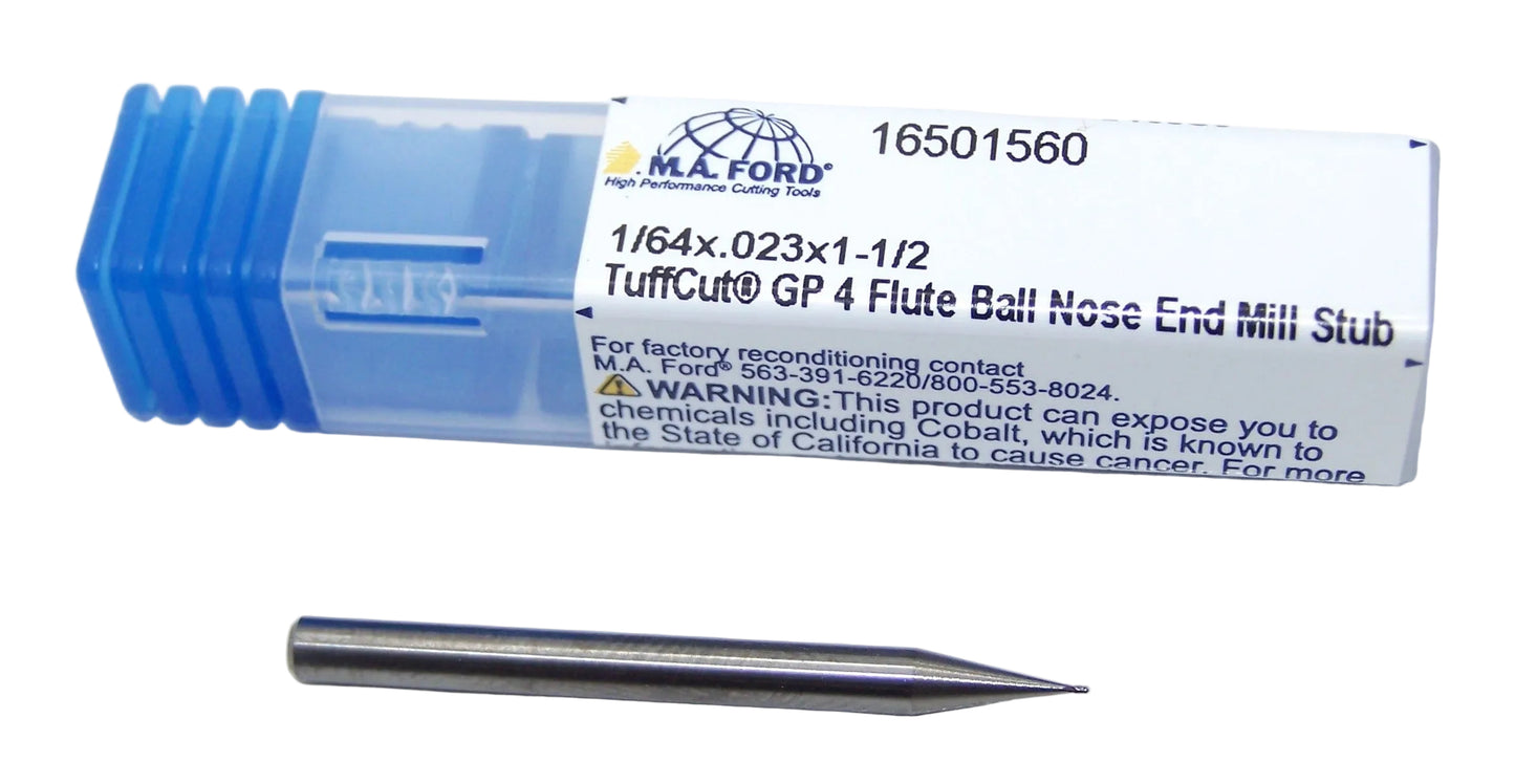 16501560 MAFord 1/64" Carbide 4 Flute End Mill Ball End Bright 0.0156" Diameter 0.023" Flute 1.5" Length 0.125" Shank (16500)