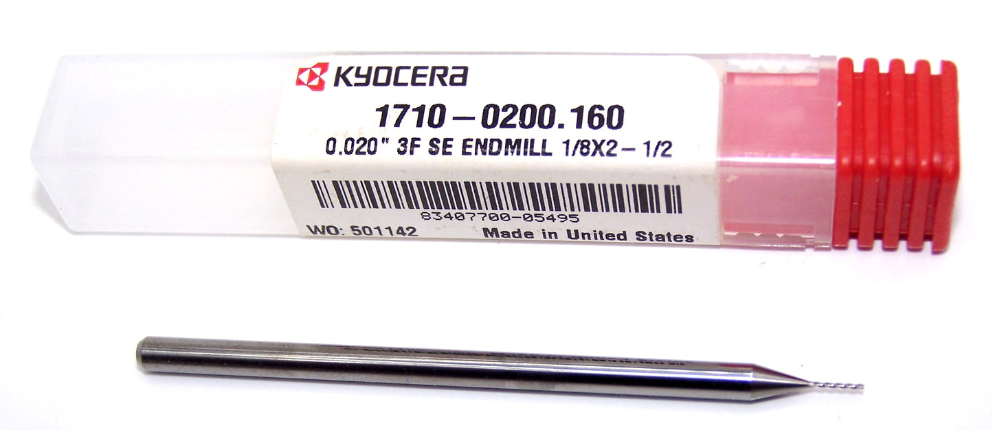 1710-0200.160 Kyocera 0.0200" Carbide 3 Flute End Mill 0.0200" Diameter 0.160" Flute 2.5" Length 0.125" Shank