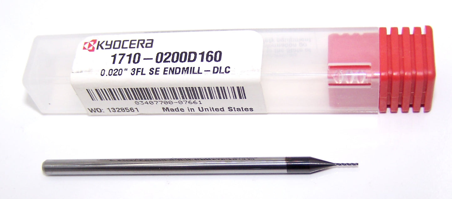 1710-0200D160 Kyocera 0.0200" Carbide 3 Flute End Mill DLC Coated 0.0200" Diameter 0.160" Flute 2.5" Length 0.125" Shank