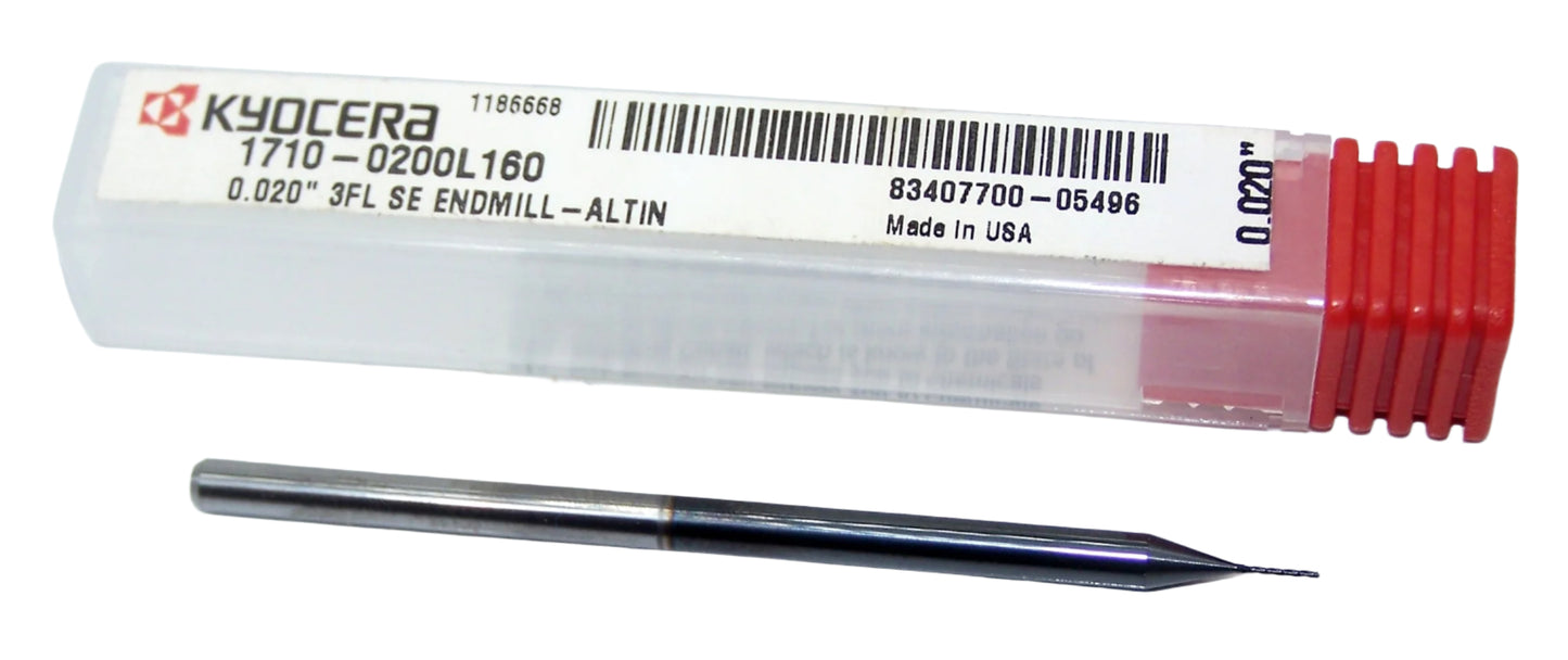 1710-0200L160 Kyocera 0.0200" Carbide 3 Flute End Mill ALTiN Coated 0.0200" Diameter 0.160" Flute 2.5" Length 0.125" Shank