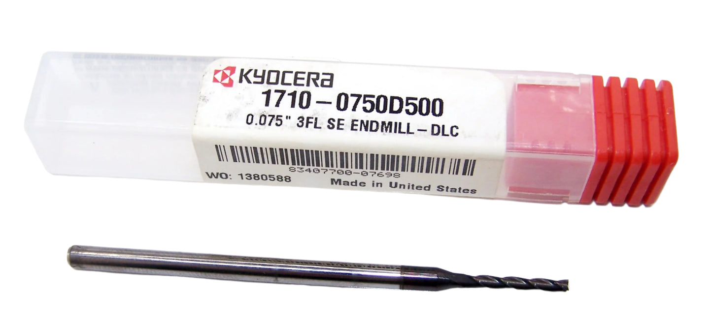 1710-0750D500 Kyocera 0.0750" Carbide 3 Flute End Mill DLC Coated 0.0750" Diameter 0.500" Flute 2.5" Length 0.125" Shank