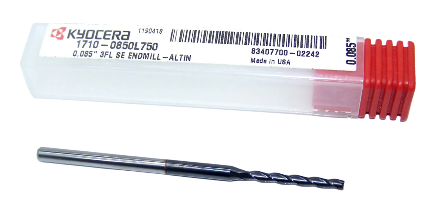 1710-0850L750 Kyocera 0.0850" Carbide 3 Flute End Mill ALTiN Coated 0.0850" Diameter 0.750" Flute 2.5" Length 0.125" Shank