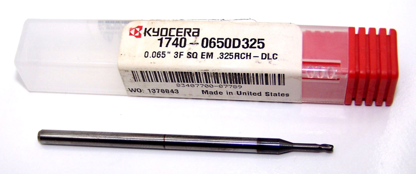 1740-0650D325 Kyocera 0.0650" Carbide 3 Flute End Mill .325" Extended Reach DLC Coated 0.0650" Diameter 0.097" Flute 2.5" Length 0.125" Shank