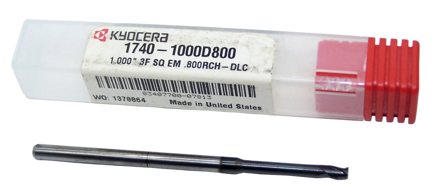 1740-1000D800 Kyocera 0.1000" Carbide 3 Flute End Mill Extended Reach DLC Coated 0.1000" Diameter 0.800" Flute 2.5" Length 0.125" Shank