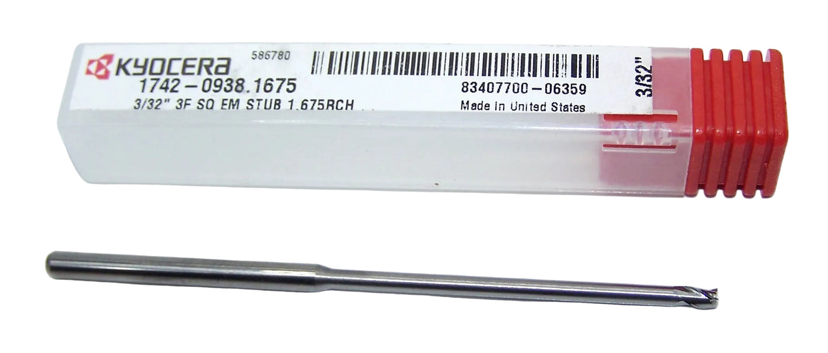 1742-0938.1675 Kyocera 3/32" Carbide 3 Flute End Mill 1.675" Extended Reach 0.0938" Diameter 0.139" Flute 3.0" Length 0.125" Shank