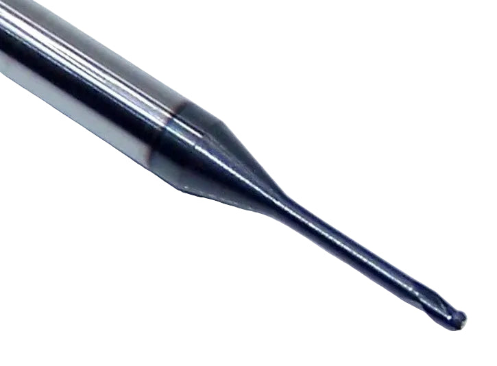 1755-0400L325 Kyocera 0.0400" Carbide 3 Flute End Mill Extended Reach Ball End ALTiN Coated 0.0400" Diameter 0.325" Flute 2.5" Length 0.125" Shank