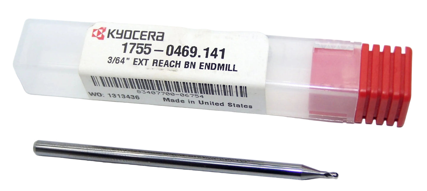 1755-0469.141 Kyocera 3/64" Carbide 3 Flute End Mill .141" Extended Reach Ball End 0.0469" Diameter 0.070" Flute 2.5" Length 0.125" Shank