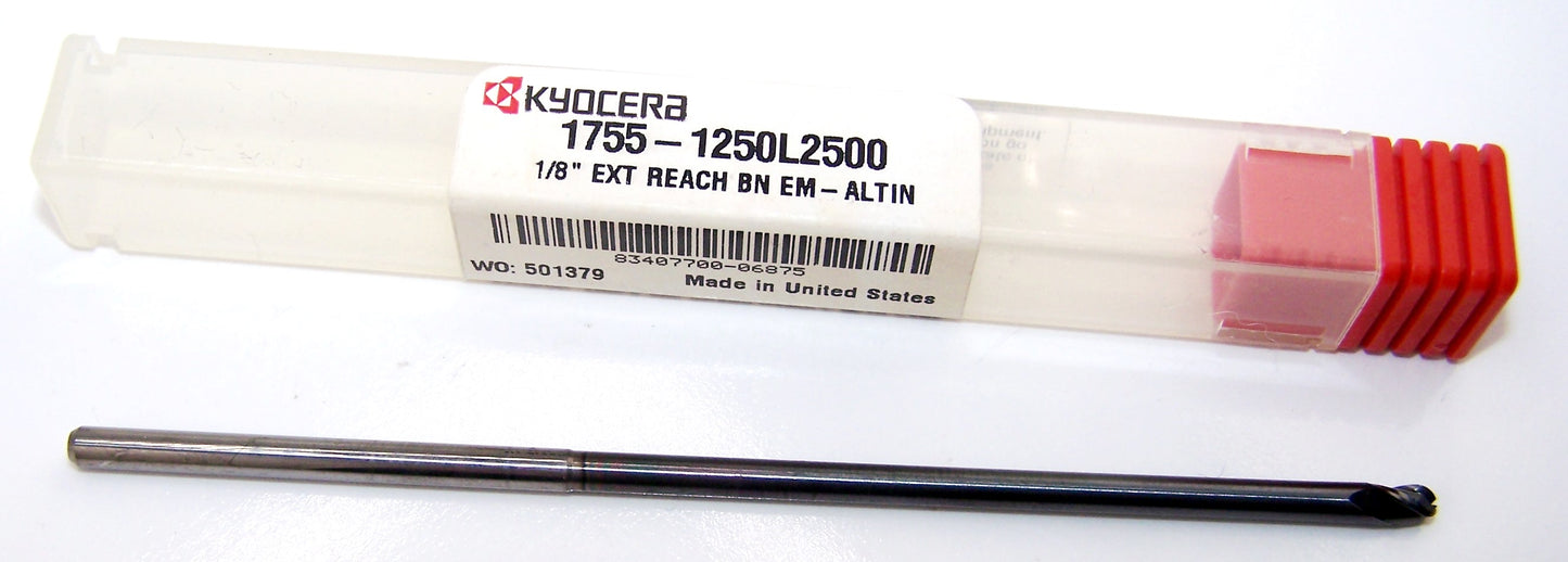 1755-1250L2500 Kyocera Microtools 1/8" Carbide 3 Flute End Mill Extended Length Ball End AlTiN .125" Diameter .187" Flute 4.00" Length .125" Shank