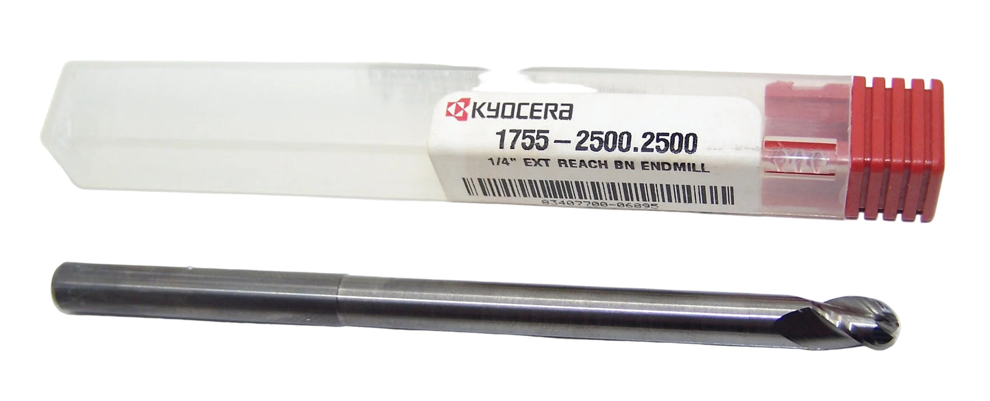 1755-2500.2500 Kyocera 1/4" Carbide 3 Flute Ball End Mill 2.50" Extended Reach 0.250" Diameter 0.375" Flute 4.0" Length 0.250" Shank