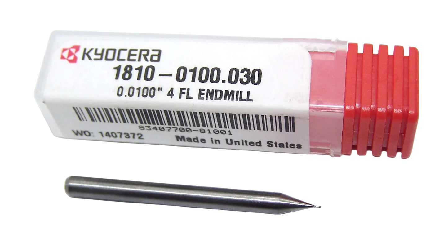 1810-0100.030 Kyocera 0.0100" Carbide 4 Flute End Mill 0.0100" Diameter 0.030" Flute 1.5" Length 0.125" Shank