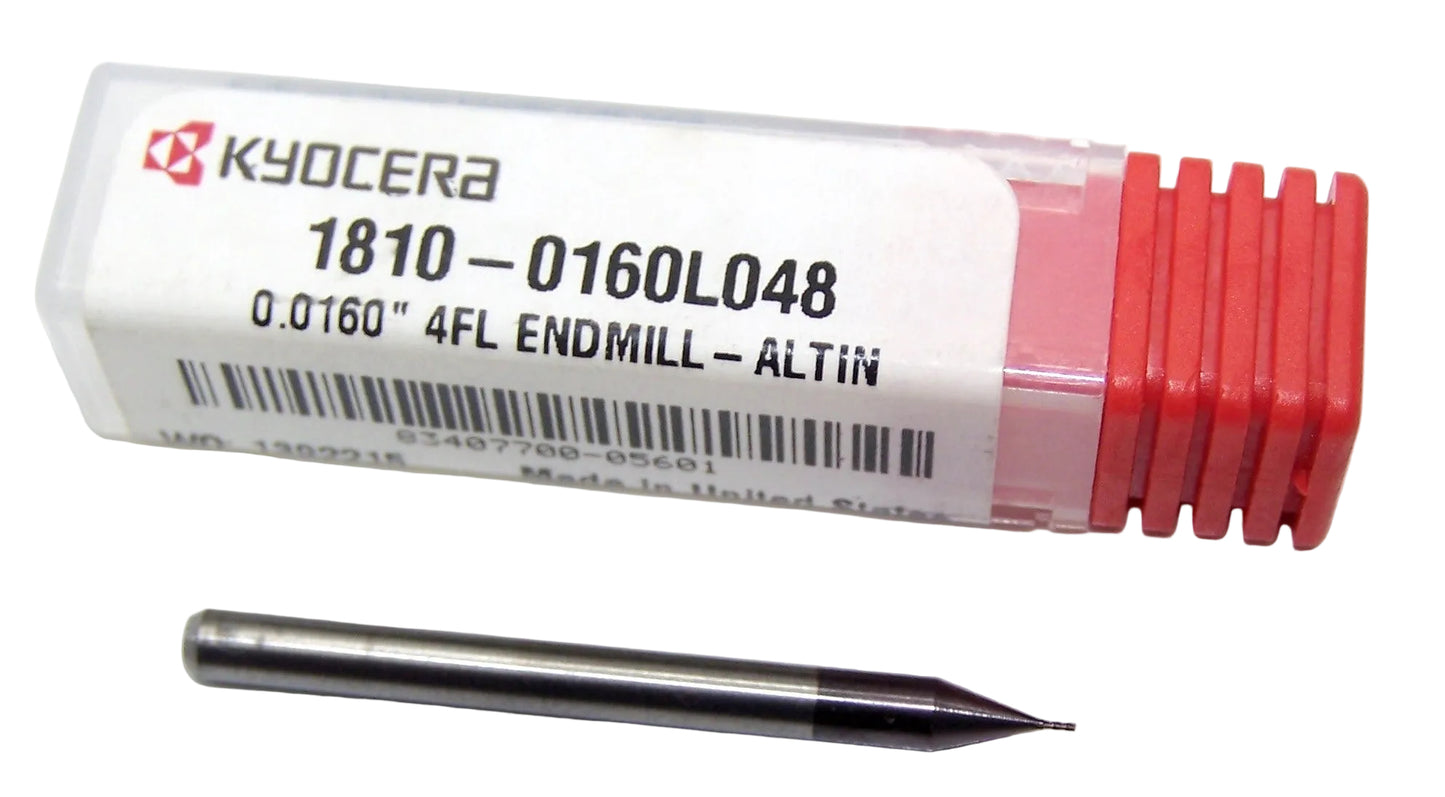 1810-0160L048 Kyocera #78 Carbide 4 Flute End Mill AlTiN Coated 0.0160" Diameter 0.048" Flute 1.50" Length 0.125" Shank