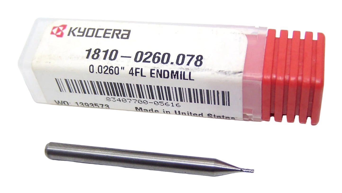 1810-0260.078 Kyocera #71 Carbide 4 Flute End Mill .0260" Diameter .078" Flute 1.50" Length .125" Shank