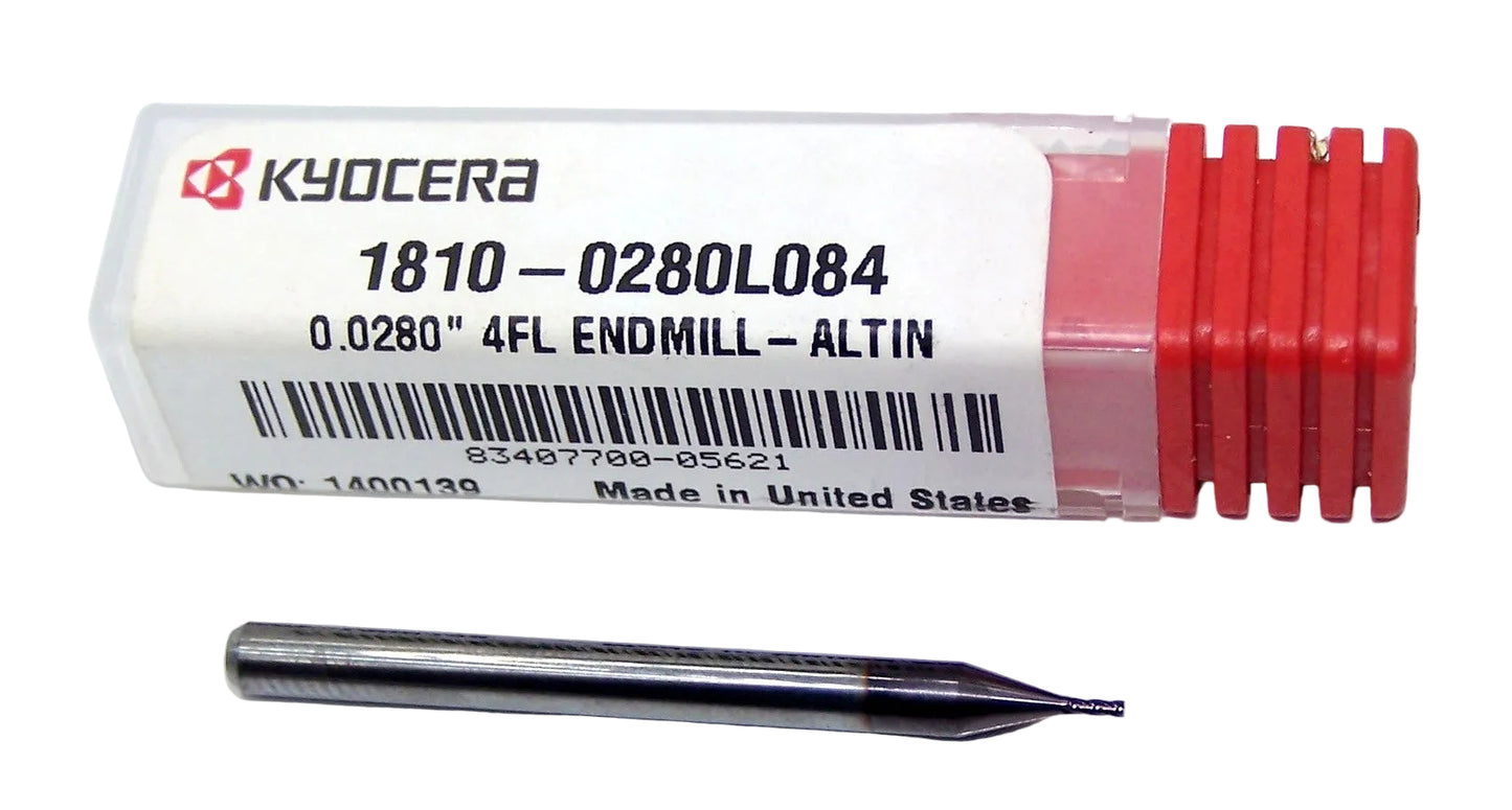 1810-0280L084 Kyocera .0280" Carbide 4 Flute End Mill AlTiN Coated .0280" Diameter .084" Flute 1.50" Length .125" Shank