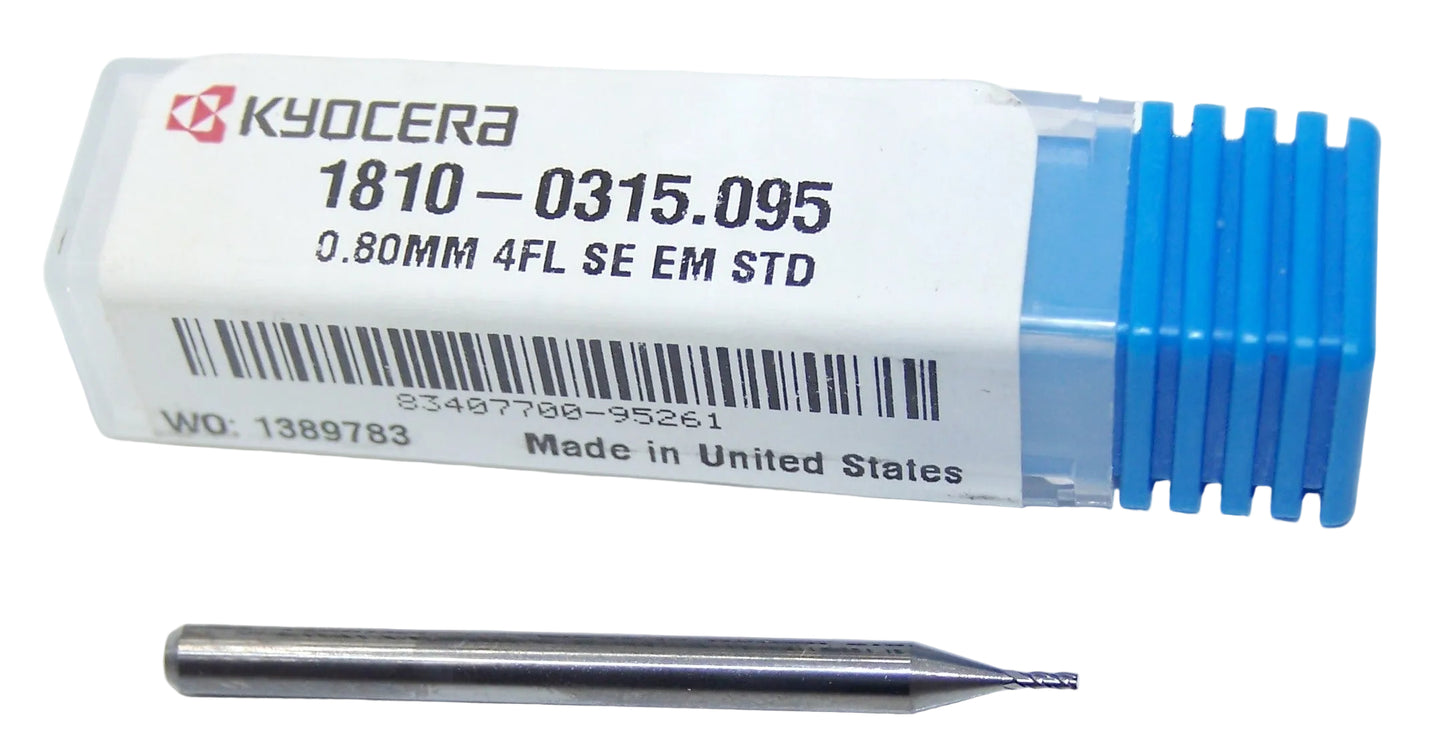 1810-0315.095 Kyocera 0.8mm Carbide 4 Flute End Mill 0.0315" Diameter 0.0950" Flute 1.5" Length 0.1181" Shank