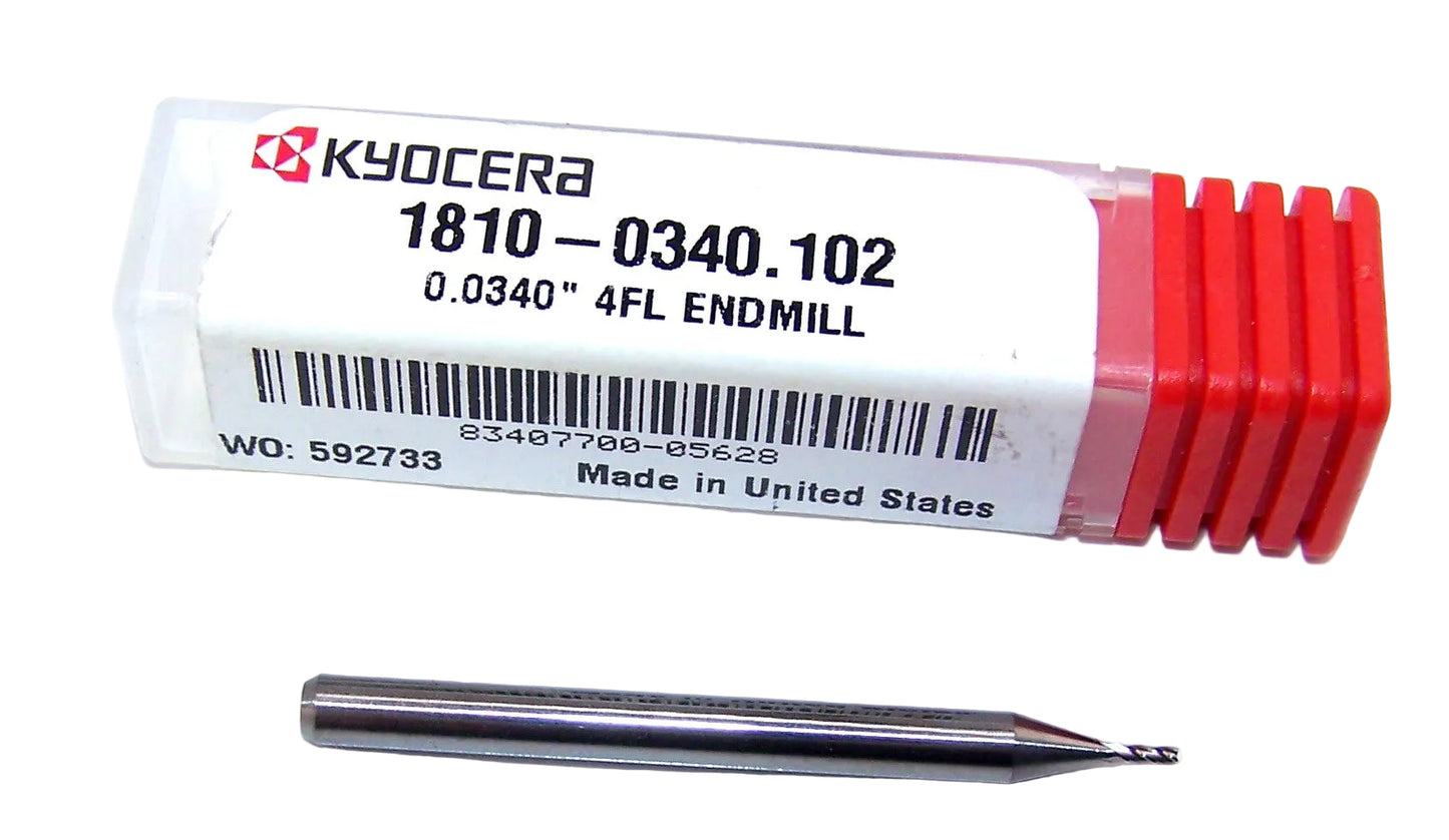 1810-0340.102 Kyocera 0.0340" Carbide 4 Flute End Mill 0.0340" Diameter 0.102" Flute 1.50" Length 0.125" Shank