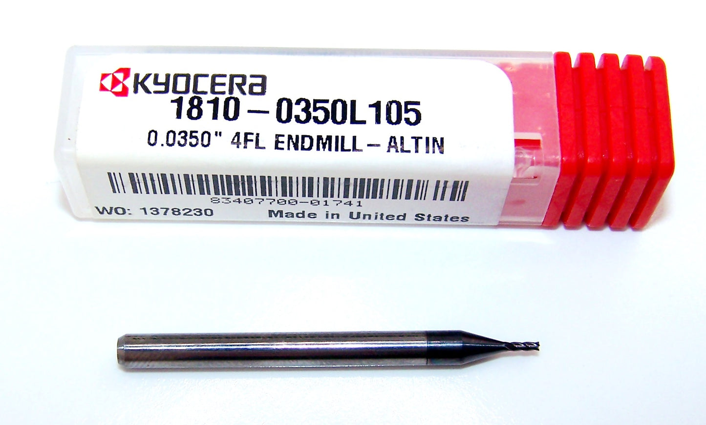 1810-0350L105 Kyocera #65 Carbide 4 Flute End Mill SQ AlTiN .0350" Diameter .105" Flute 1.50" Length .125" Shank