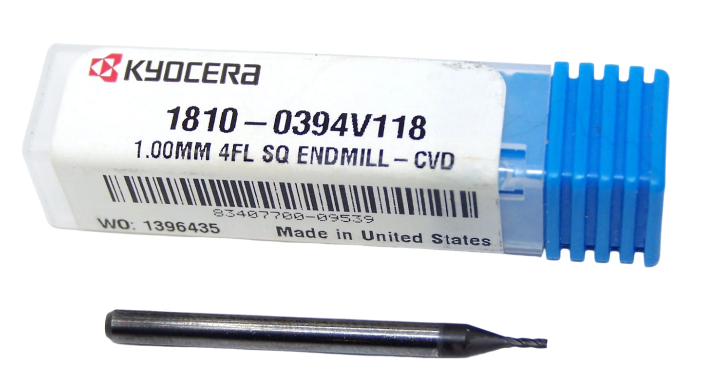 1810-0394V118 Kyocera 1.00mm Carbide 4 Flute End Mill SQ CVD Diamond .0394" Diameter .118" Flute 1.50" Length .1181" Shank