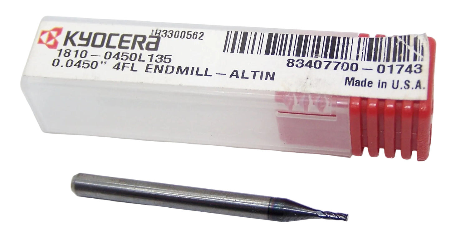 1810-0450L135 Kyocera 0.0450" Carbide 4 Flute End Mill ALTiN Coated 0.0450" Diameter 0.135" Flute 1.5" Length 0.125" Shank