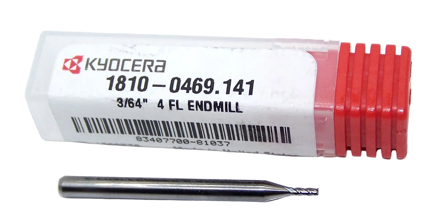 1810-0469.141 Kyocera 3/64" Carbide 4 Flute End Mill 0.0469" Diameter 0.141" Flute 1.5" Length 0.125" Shank