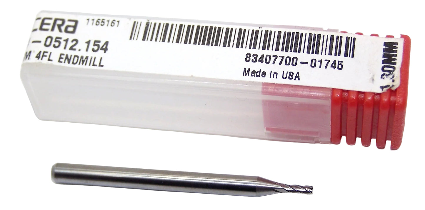 1810-0512.154 Kyocera 1.30mm Carbide 4 Flute End Mill 0.0512" Diameter 0.1540" Flute 1.5" Length 0.1181" Shank