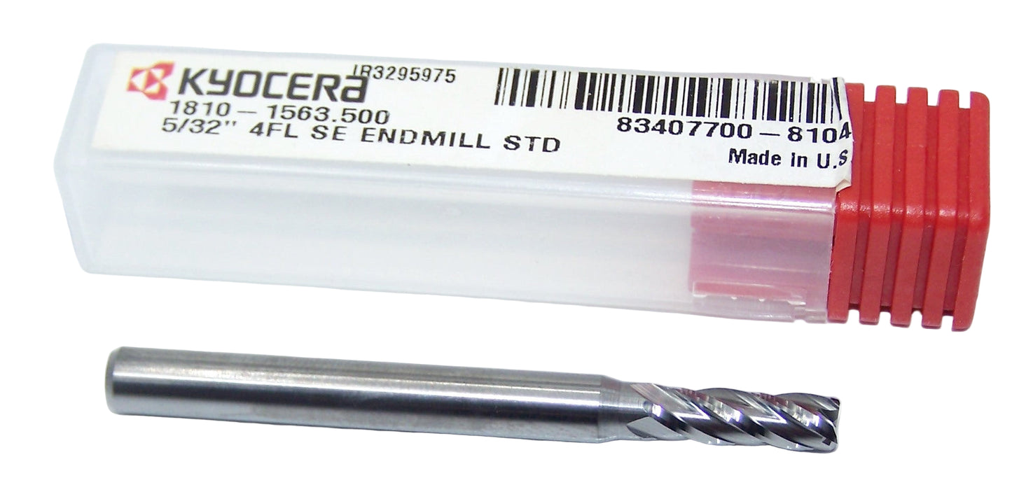 1810-1563.500 Kyocera 5/32" Carbide 4 Flute End Mill 0.1563" Diameter 0.500" Flute 2.0" Length 0.1875" Shank