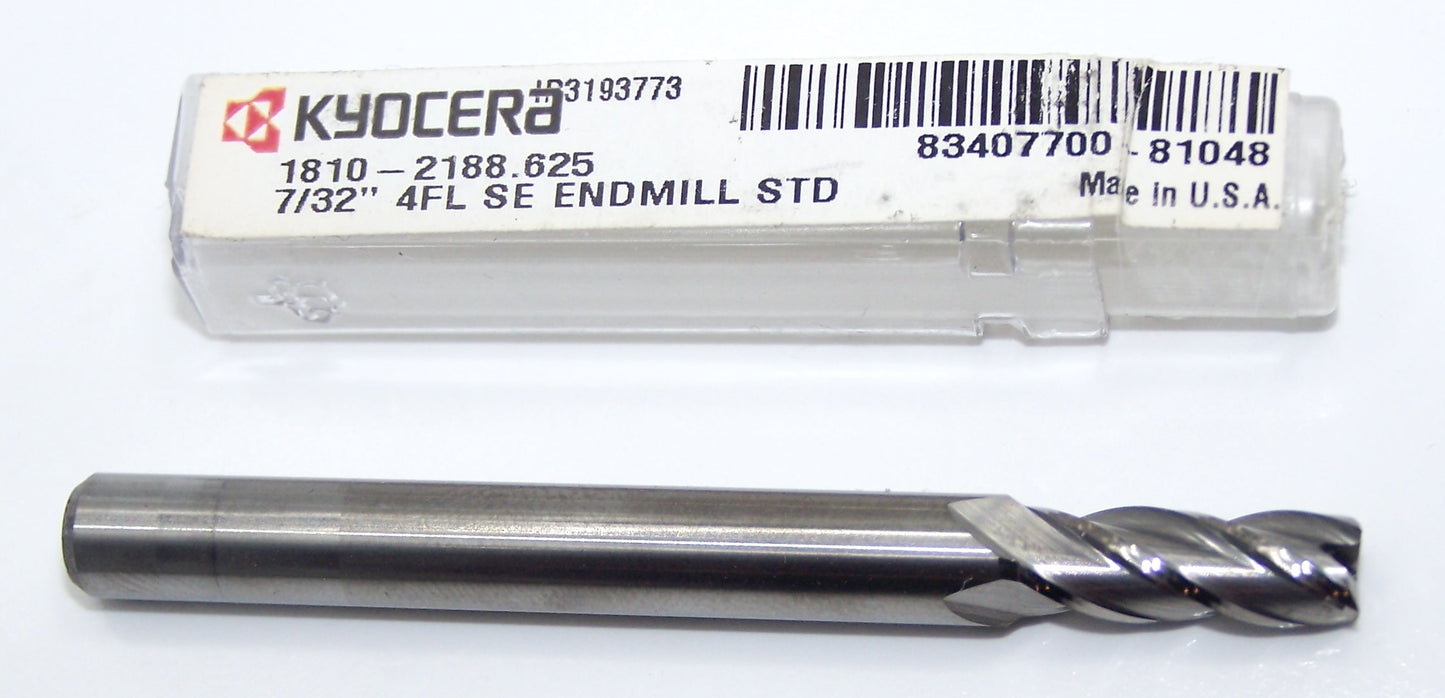 1810-2188.625 Kyocera 7/32" Carbide 4 Flute End Mill 0.2188" Diameter 0.625" Flute 2.5" Length 0.25" Shank