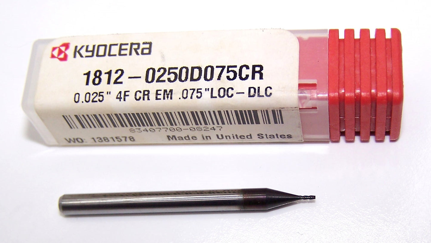 1812-0250D075CR Kyocera #72 Carbide 4 Flute End Mill .005" Corner Radius DLC Coated .0250" Diameter .075" Flute 1.50" Length .125" Shank