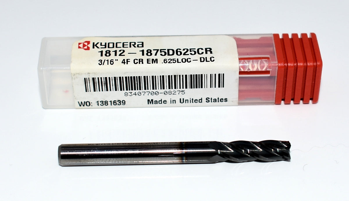 1812-1875D625CR Kyocera 3/16" Carbide 4 Flute End Mill 0.01" Radius DLC Coated 0.1875" Diameter 0.1875" Flute 2" Length 0.1875" Shank