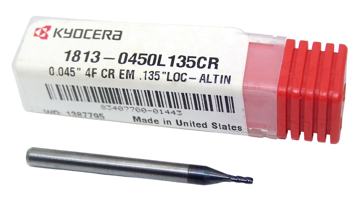 1813-0450L135CR Kyocera 0.045" Carbide 4 Flute End Mill 0.010" Radius ALTiN Coated 0.0450" Diameter 0.1250" Flute 1.5" Length 0.1250" Shank