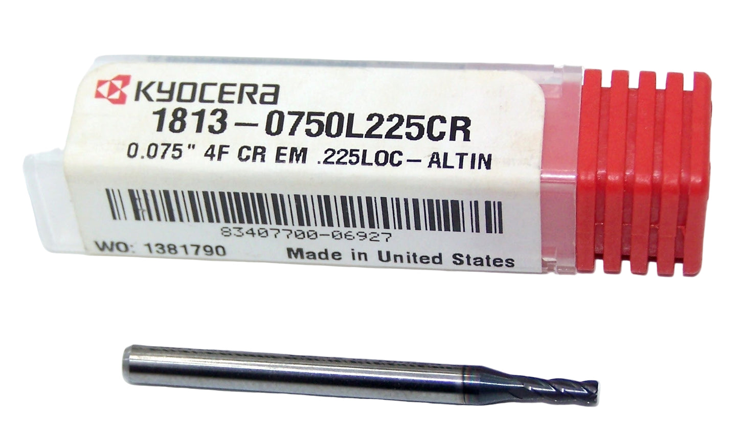 1813-0750L225CR Kyocera 0.075" Carbide 4 Flute End Mill 0.010" Radius ALTiN Coated 0.0750" Diameter 0.225" Flute 1.5" Length 0.1250" Shank